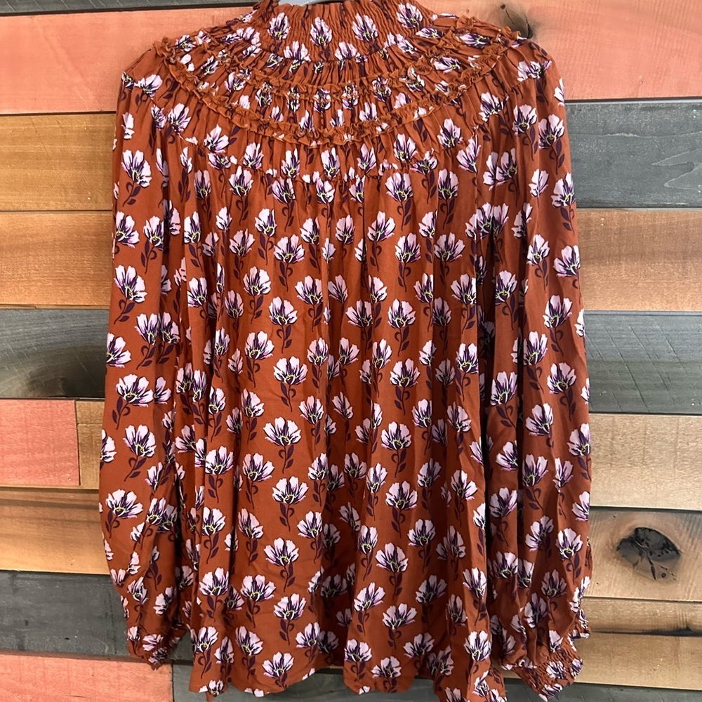 BOHME Women’s Cognac Brown with Pink Purple Green Yellow White Floral Blouse - Picture 2 of 4